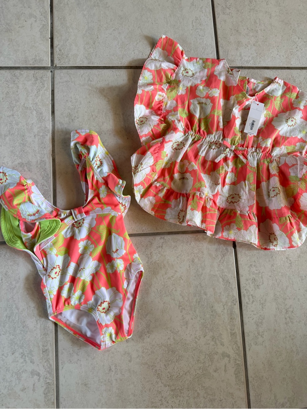 Girls Coral & White Floral Ruffle Swimsuit Set